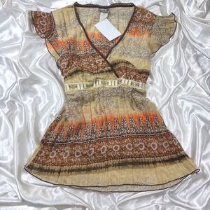 y2k Rave Blouse Brown NWT Boho Sequin Empire Waist Flutter Sleeve Top L